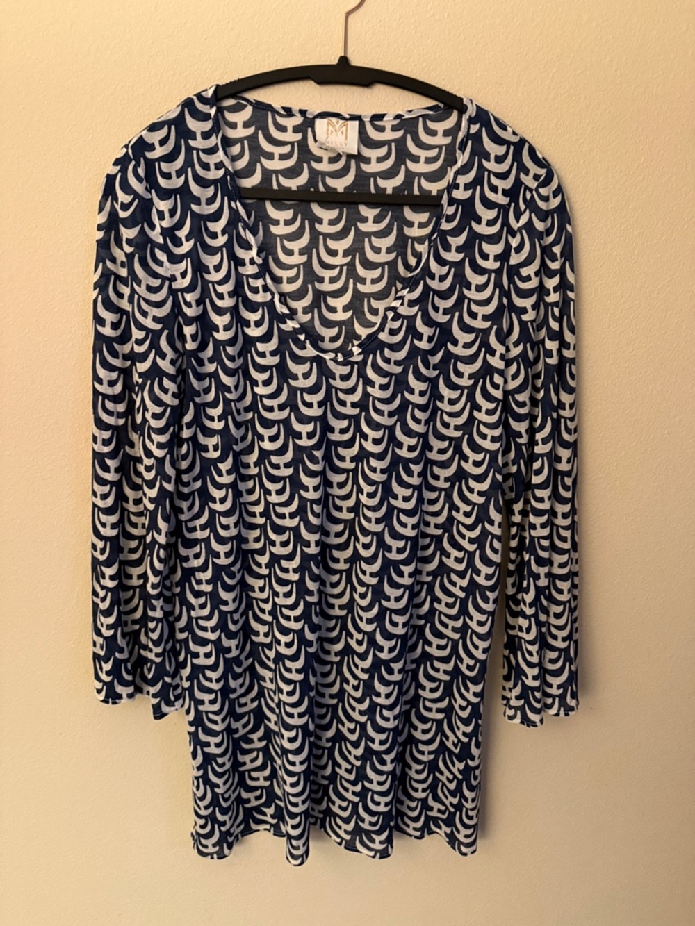 Milly Cabana Navy & White Geometric Print Top with Gold Logo